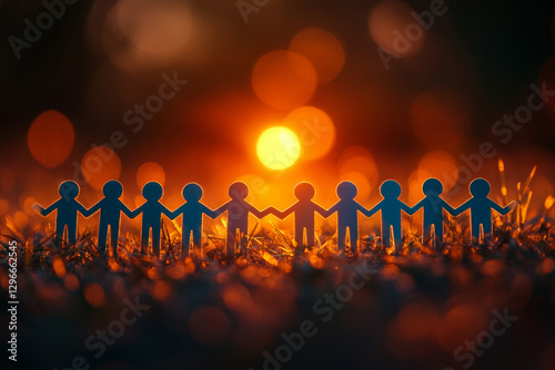 Paper figures are positioned in a row, holding hands as the sun sets in the background, creating a warm and inviting atmosphere that symbolizes togetherness and community.