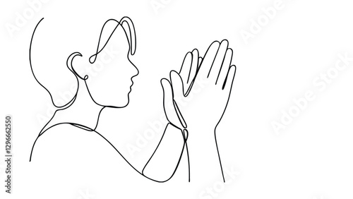 A minimalist line drawing depicts a woman in profile, her hands clasped in prayer, suggesting faith, hope, and spiritual devotion. The singleline style creates a serene and peaceful image.