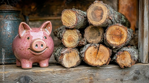 Rustic scene with a pink ceramic piggy bank and stacked firewood on a wooden surface, evoking a cozy countryside atmosphere. photo