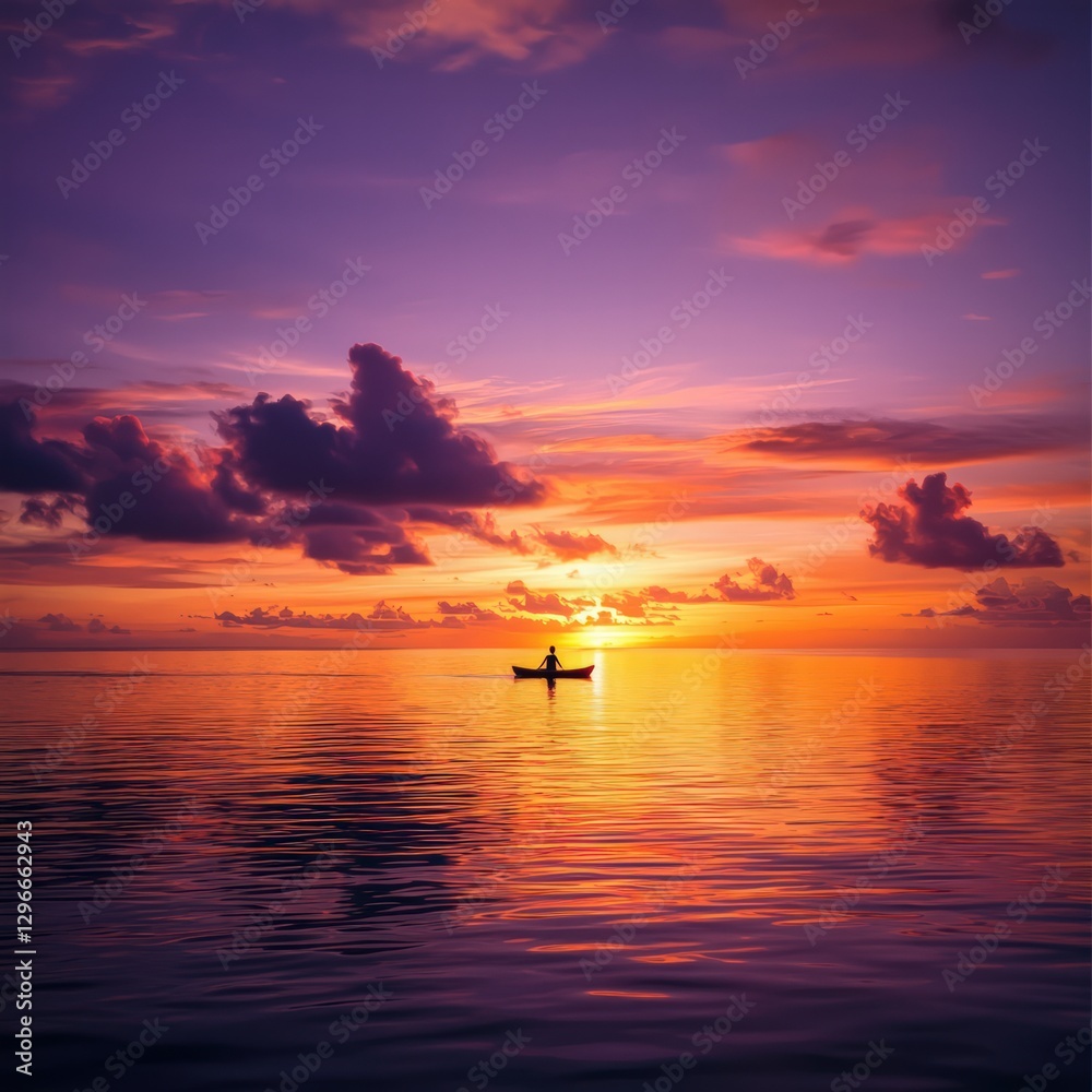 Solo Kayaker Paddling on Calm Waters During A Stunning Sunset Over The Horizon Solo Kayaker Paddling on Calm Waters During A Stunning Sunset Over The Horizon