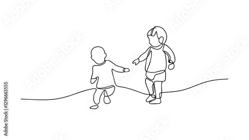 Two Toddlers Playing, OneLine Drawing, Childhood Fun, Simple Art, Kids, Friendship, Innocence, Happy