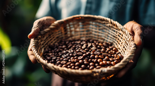 Freshly harvested coffee beans in woven basket held by person