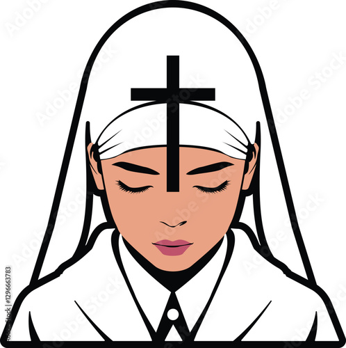 Vector Illustration of Praying Woman Monastery with Cross Symbol – Minimalist Design