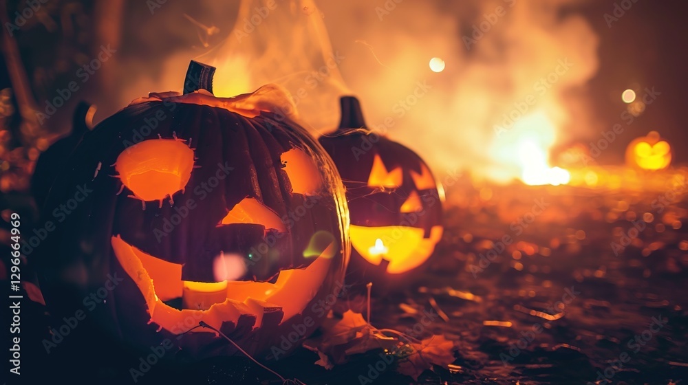 Fototapeta premium Spooky Halloween Night Outdoor Background with Haunted House, Full Moon, Foggy Graveyard, Jack-o-Lanterns, and Eerie Atmosphere for Digital Art, Party Decor, or Horror Themes