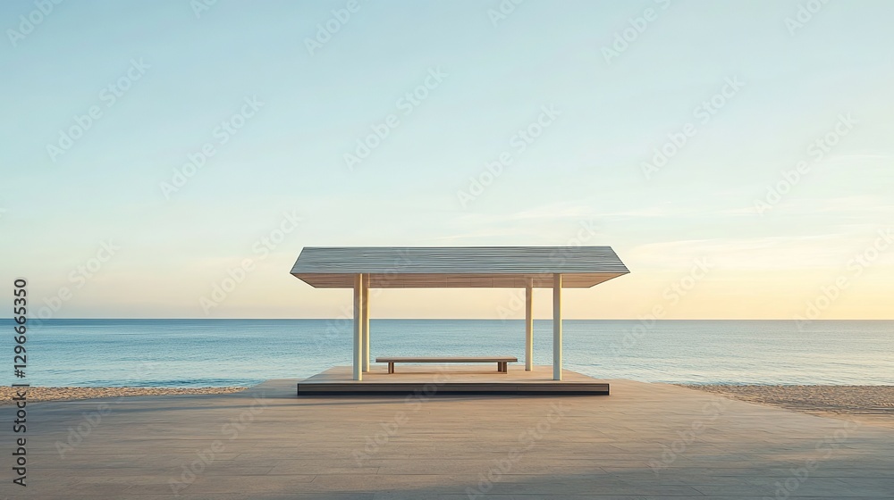 A serene, empty beachfront pavilion stands against a stunning coastal backdrop, offering a peaceful retreat by the sea. A serene, empty beachfront pavilion stands against a stunning coastal backdrop, offering a peaceful retreat by the sea.