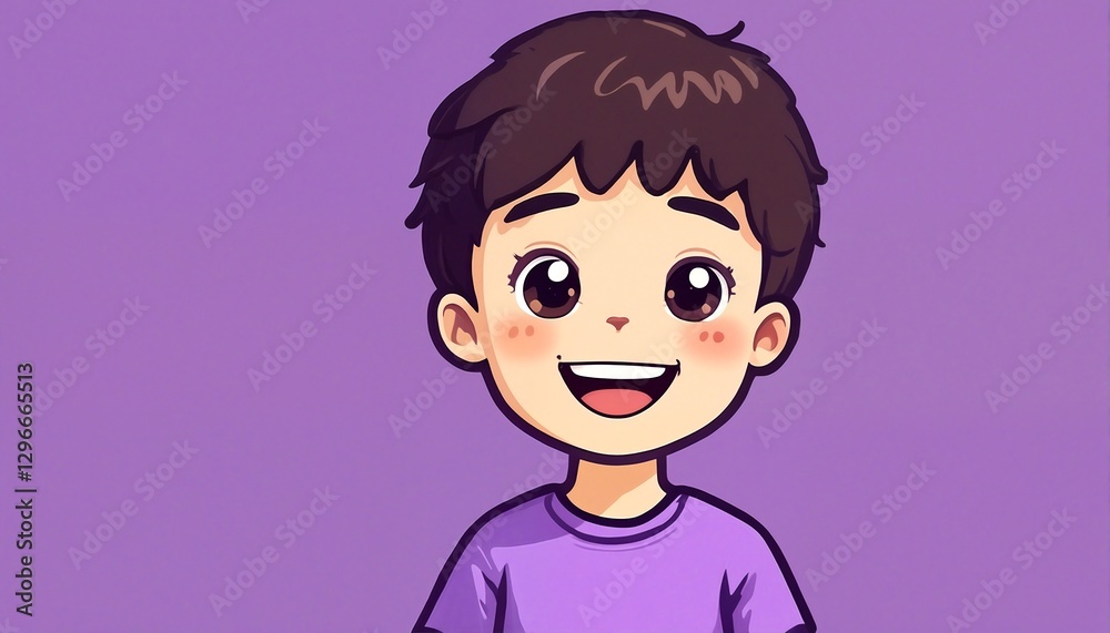 A cartoon boy with dark hair and a purple shirt smiling at the viewer, set against a solid purple background. A cartoon boy with dark hair and a purple shirt smiling at the viewer, set against a solid purple background.