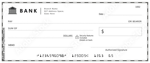Bank check, vector blank money cheque, checkbook template with guilloche pattern and fields. Currency payment coupon, money check background