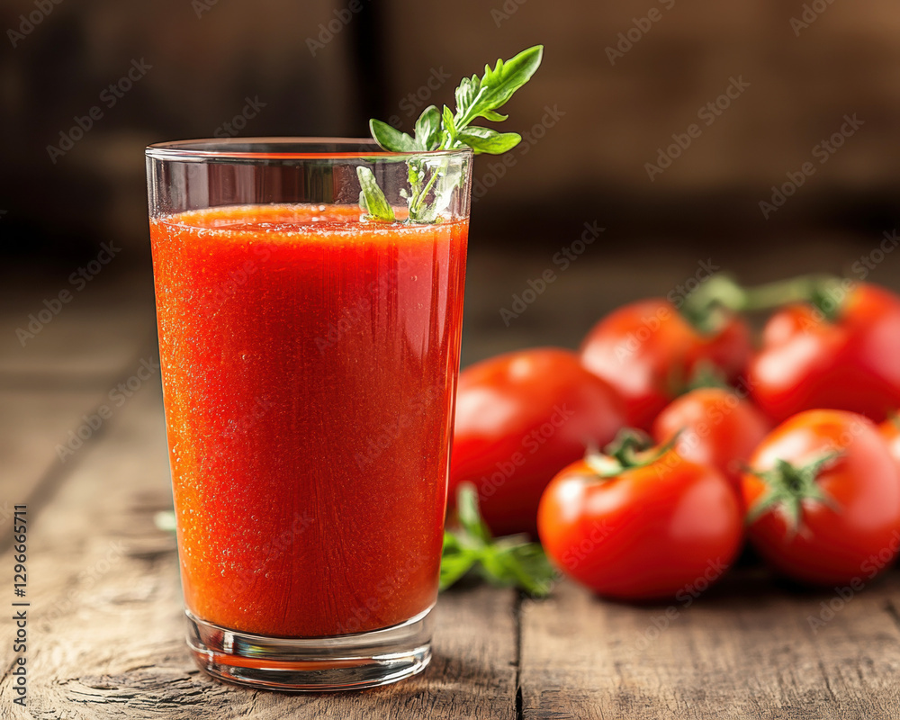 Fresh tomato juice in a glass with ripe tomatoes nearby Fresh tomato juice in a glass with ripe tomatoes nearby