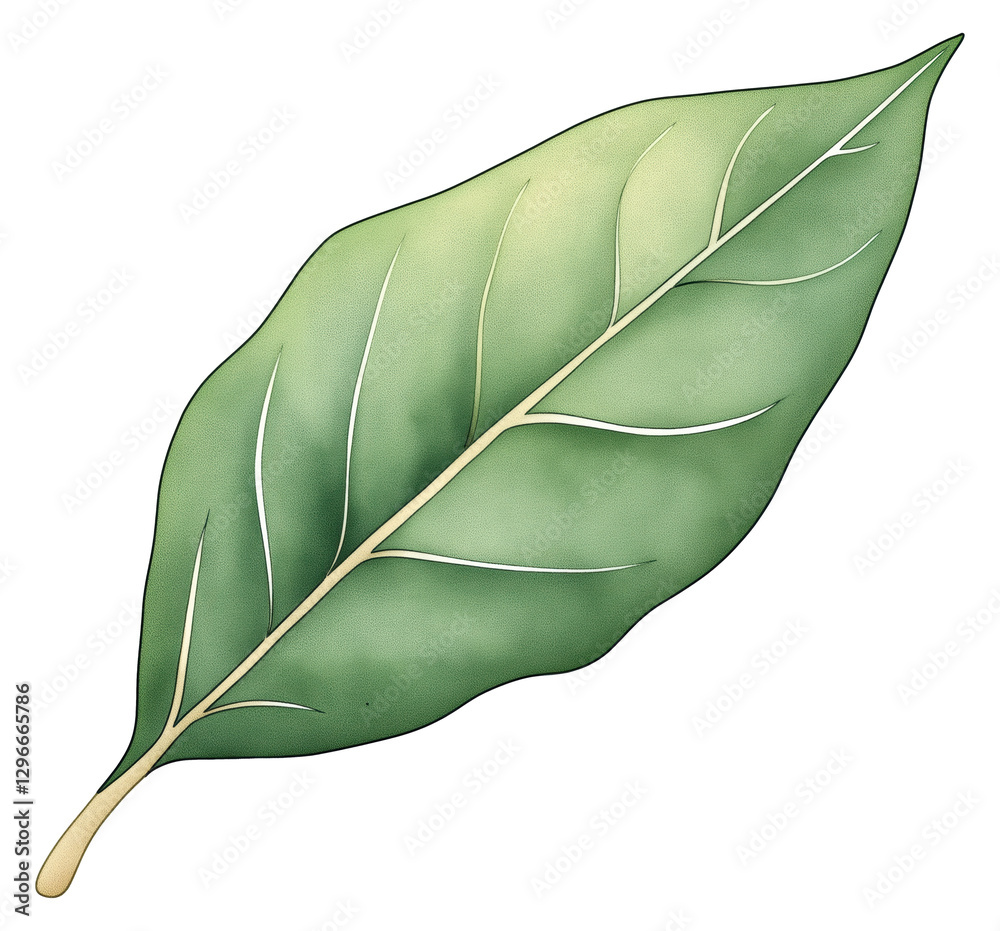 Fototapeta premium Watercolor illustration of a green bay leaf isolated on transparent background.