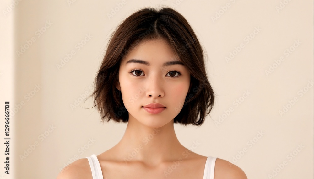 Half portrait of young Asian woman with short hair, wearing white tank top. Half portrait of young Asian woman with short hair, wearing white tank top.
