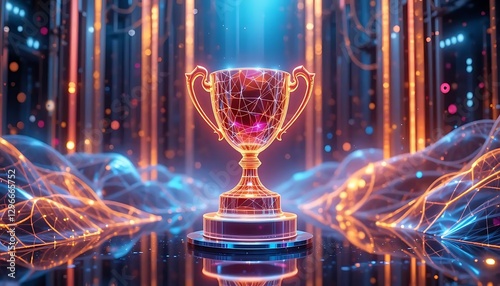 Digital Trophy Surrounded by Glowing Connections and Vibrant Background in Futuristic Style