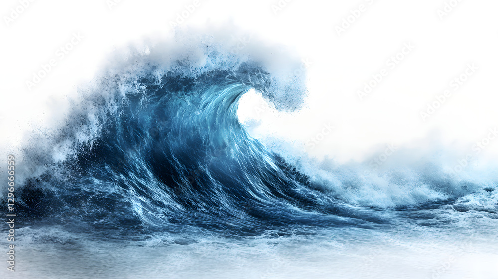 Obraz premium A giant wave made of blue water, against a white background 