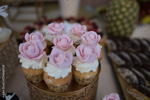 Elegant Wedding Candy Bar with Colorful Sweets, Cakes, and Fruits photo