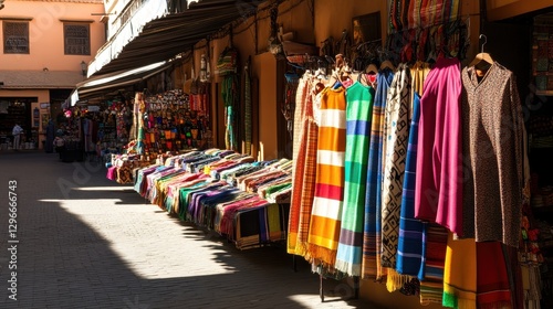 A vibrant market scene showcasing colorful textiles hanging on display under bright sunlight.