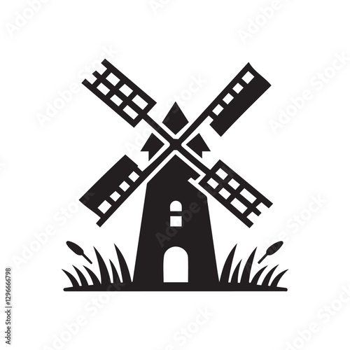 Windmill in Grass Silhouette Icon – Vector Illustration