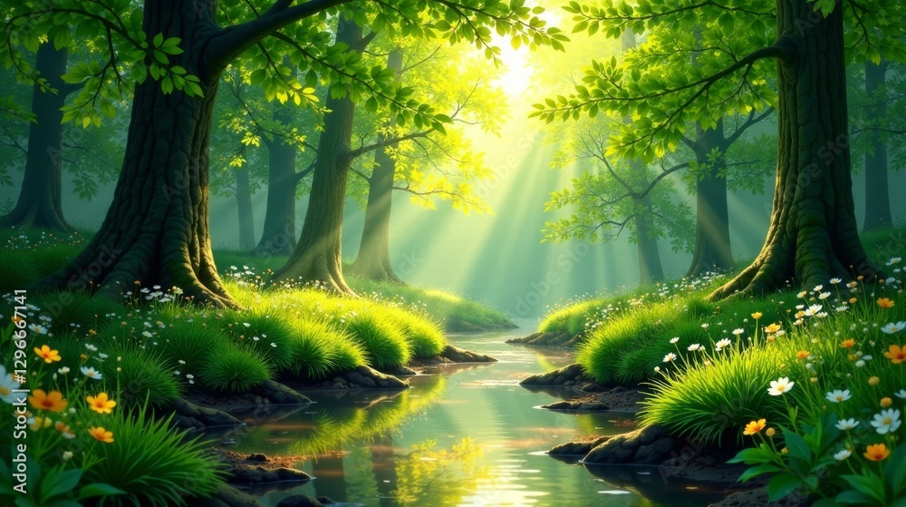 Obraz premium Sunlit Forest Stream Serene Woodland Scene with Lush Greenery and Blossoming Flowers