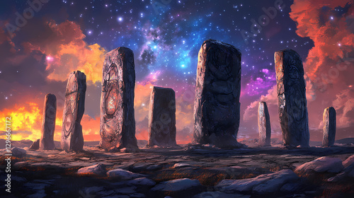 Mystic stone circle under the stars. Cosmic Astral Temple. Illustration