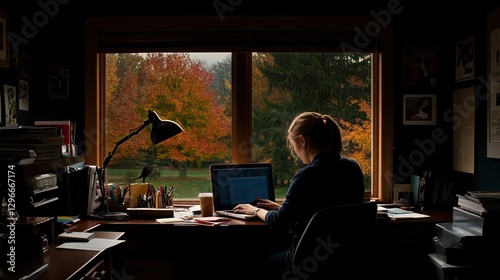 A person works at a desk with a laptop, surrounded by books and a lamp, while vibrant autumn foliage is visible through a large window.