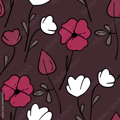 Seamless floral pattern based on traditional folk art ornaments. Colorful flowers on color background. Scandinavian style. Sweden nordic style. Vector illustration. Simple minimalistic pattern.