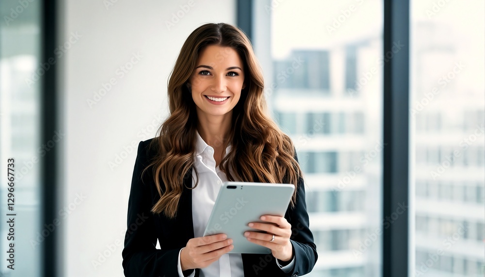 A young professional woman with long brown hair and a black blazer holding an ipad in front of a window. A young professional woman with long brown hair and a black blazer holding an ipad in front of a window.