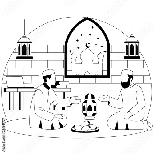 Muslim Sitting on Floor with Dates Meals concept, Sharing Stories After eftar vector Icon design, observing Ramazan Eid al-Fitr sign, Muslim fasting month story, Arabic holidays illustration