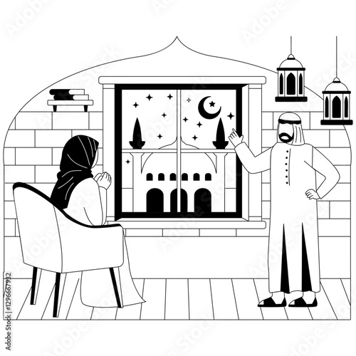 Fathers Wisdom Sharing Islamic Teachings with His Daughter concept, Saudi Man Gesturing to wife vector icon design Ramazan Eid al-Fitr sign, Muslim fasting month story, Arabic holidays illustration
