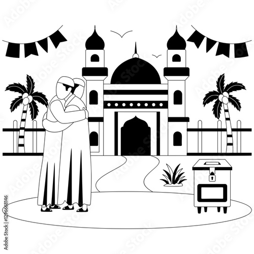 Two men are warmly embracing and wearing thobe Concept, expressing love brotherhood outside vector icon design Ramazan and Eid al-Fitr sign, Muslim fasting month story, Arabic holidays illustration