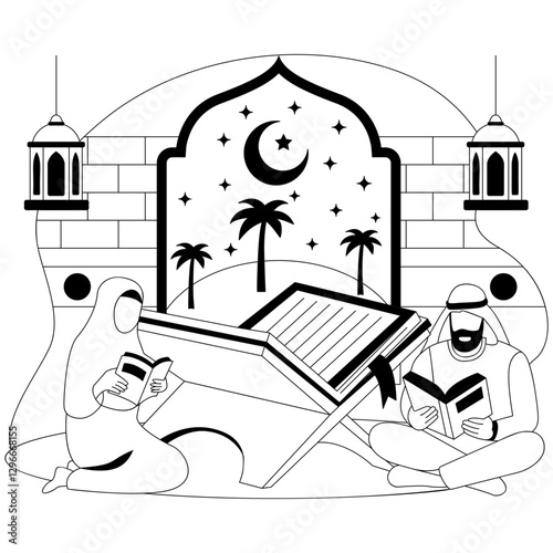 Quranic Recitation on special Qadr night concept, couple reading Illuminated religious Verses vector icon design, Ramazan Eid al-Fitr sign, Muslim fasting month story, Arabic holidays illustration