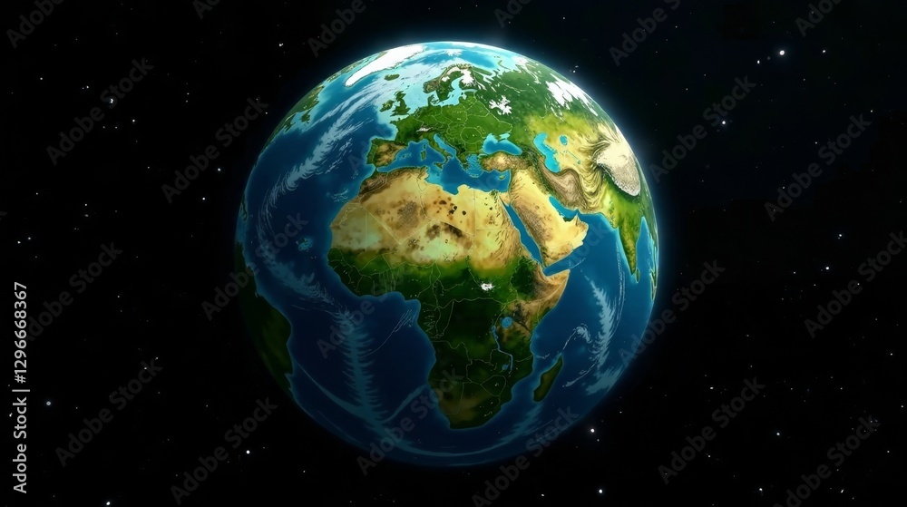 Obraz premium A Vivid Depiction of Planet Earth Seen from Space, Showcasing Detailed Continental Landmasses and Oceanic Currents, with a Dark, Starry Background