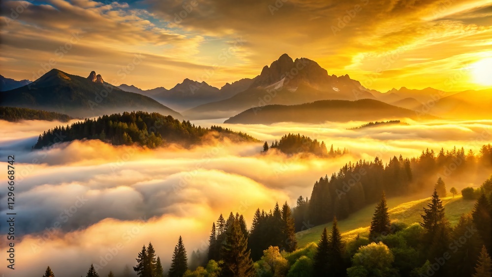 Naklejka premium Misty Austrian Alps: Enchanting Sunrise Landscape Photography