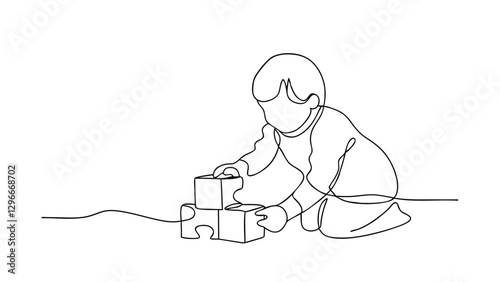A singleline drawing depicts a toddler kneeling, engrossed in stacking puzzle blocks. The childs focus and concentration are evident. Simple, clean lines create the image.
