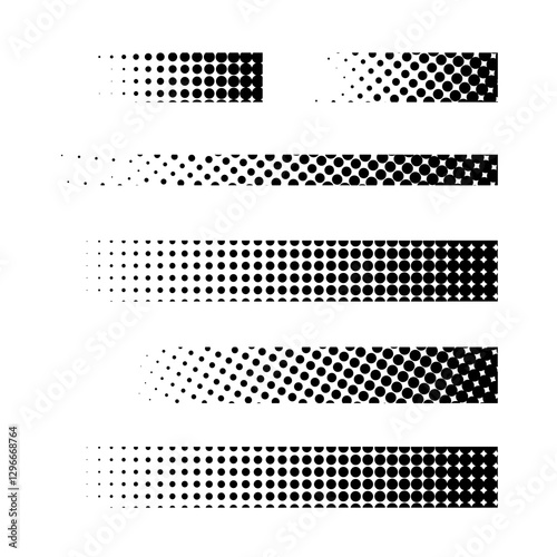 Set of vector gradient halftone from black to white, different variants of gradient length and cell sizes. Abstract gradient pixel background with small circles. Faded sand noise grain, grunge effect