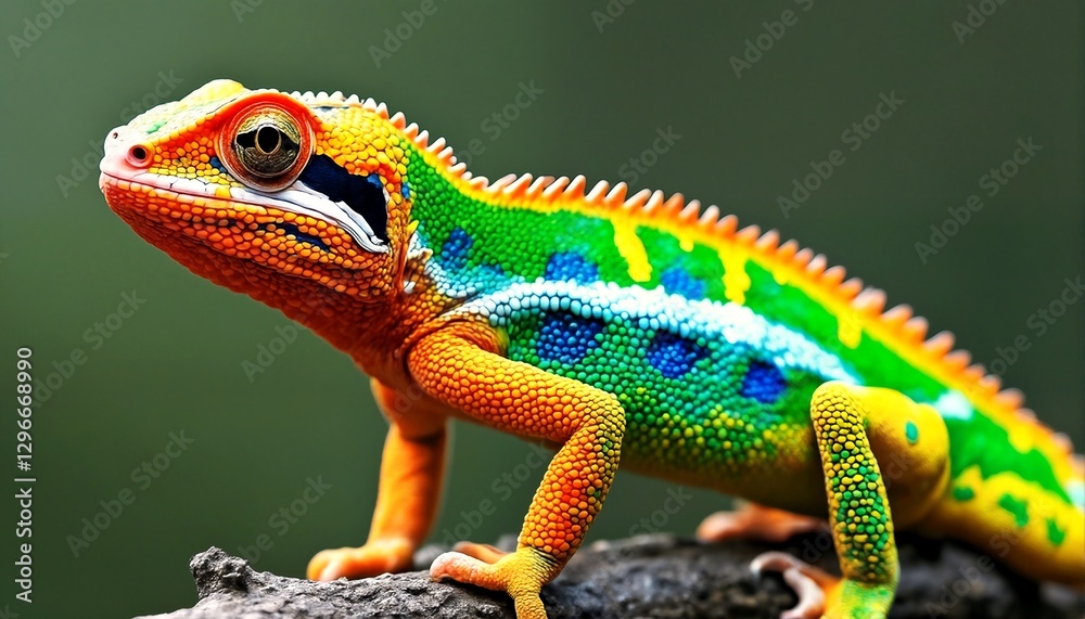 Obraz premium A close-up photograph of a chameleon perched on a branch, showcasing its vibrant colors and intricate details.