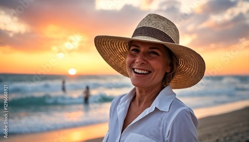 Two women wearing large sun hats smile at the camera on a sandy beach during sunset.