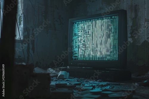 Abandoned Retro Television Displaying Glitching Digital Artifacts photo