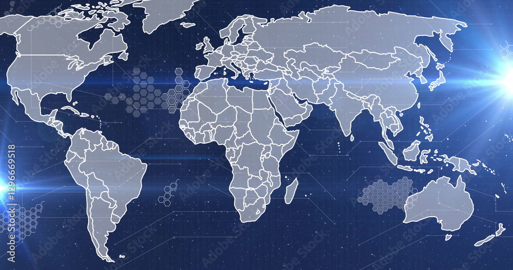 Fototapeta premium Image of financial data processing over world map on dark background