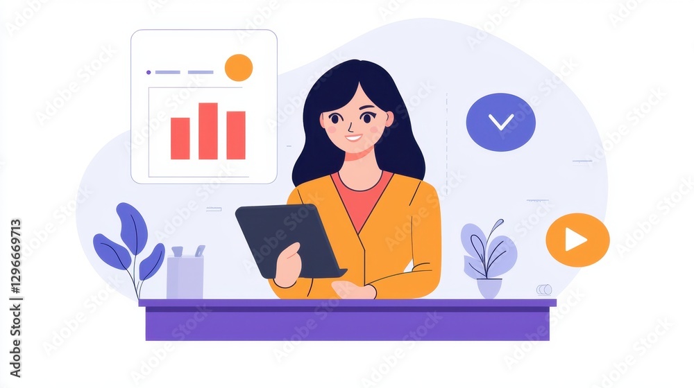 Young woman working on a digital tablet in a modern office environment with graphs and charts on the wall showcasing data analysis and business insights Young woman working on a digital tablet in a modern office environment with graphs and charts on the wall showcasing data analysis and business insights