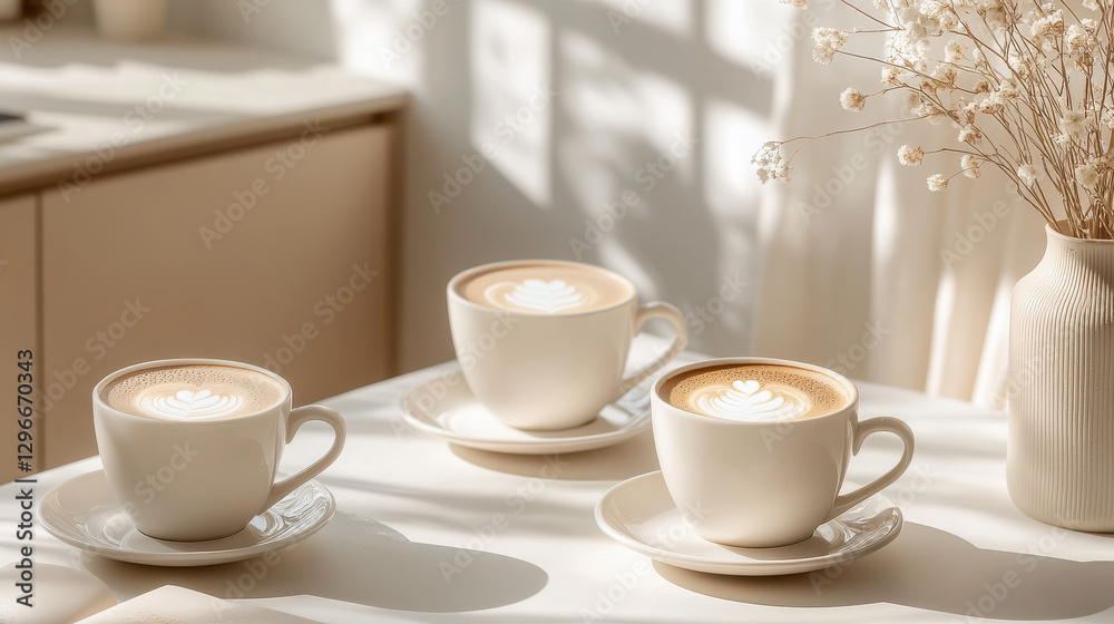 Elegant porcelain cups with latte art on sunny table Elegant porcelain cups with latte art on sunny table