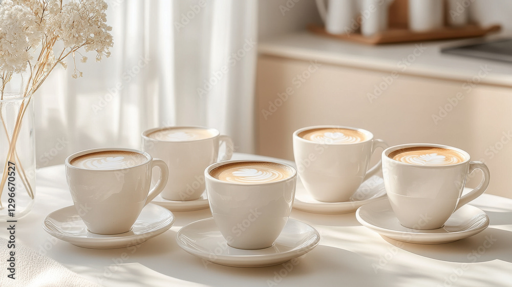 Elegant porcelain cups filled with coffee, arranged on table Elegant porcelain cups filled with coffee, arranged on table