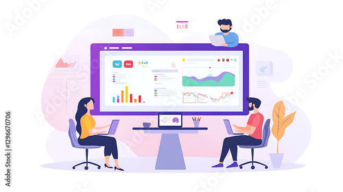 Team meeting for data analysis modern office digital illustration collaborative environment side view business insights