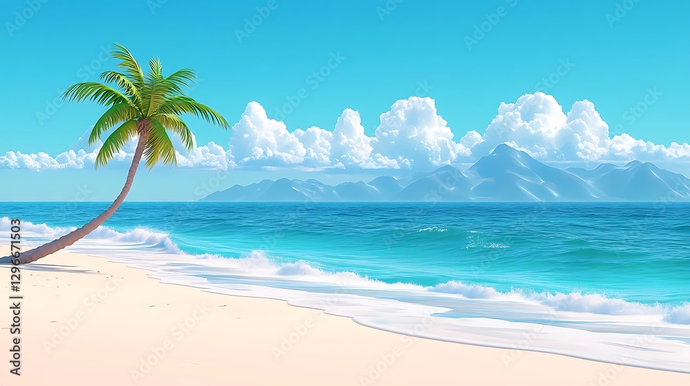 Obraz premium Tropical beach paradise, palm tree, ocean view