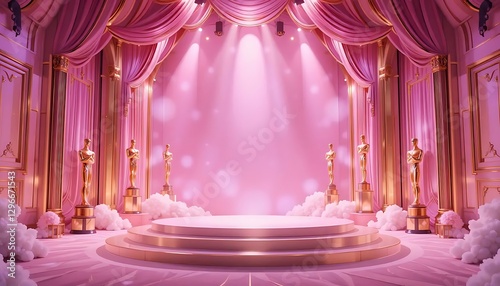 Elegant pink stage with golden statues under soft lighting for award ceremonies and special events