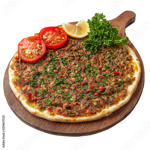 Traditional Turkish lahmacun served on a wooden board, topped with miTraditional Turkish Lahmacun with Fresh Herbs and Tomato Garnish