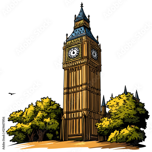 Vector comic hand-drawn illustration of Big Ben. Big Ben in London