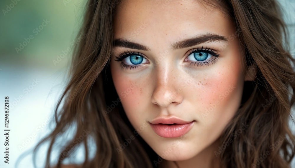 The image is a close-up of a woman's face with blue eyes. The image is a close-up of a woman's face with blue eyes.