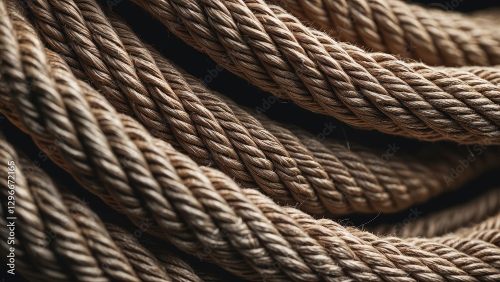 Close-up view of intertwined natural fibers of thick ropes showcasing texture and depth Close-up view of intertwined natural fibers of thick ropes showcasing texture and depth