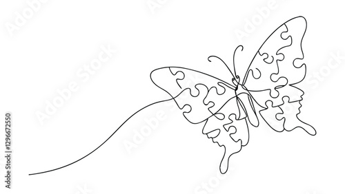 A singleline drawing depicts a butterfly whose wings are composed of puzzle pieces, symbolizing autism awareness and the unique qualities of individuals with autism.