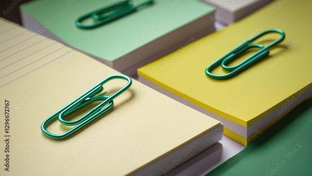 Close-up view of colorful notepads in shades of yellow and green with paper clips, creating a vibrant stationery composition Close-up view of colorful notepads in shades of yellow and green with paper clips, creating a vibrant stationery composition