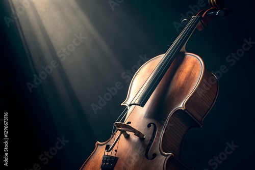 A dramatic and artistic close-up image of a cello against a dark background. The image focuses on the curves and details of the cello, particularly the body and the f-holes