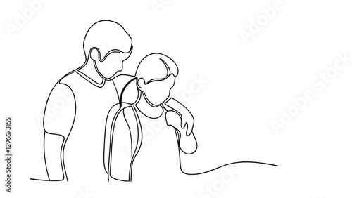 A singleline drawing depicts a man comforting a woman, showcasing intimacy and support. Their closeness conveys affection and a strong bond. The minimalist style emphasizes their connection.